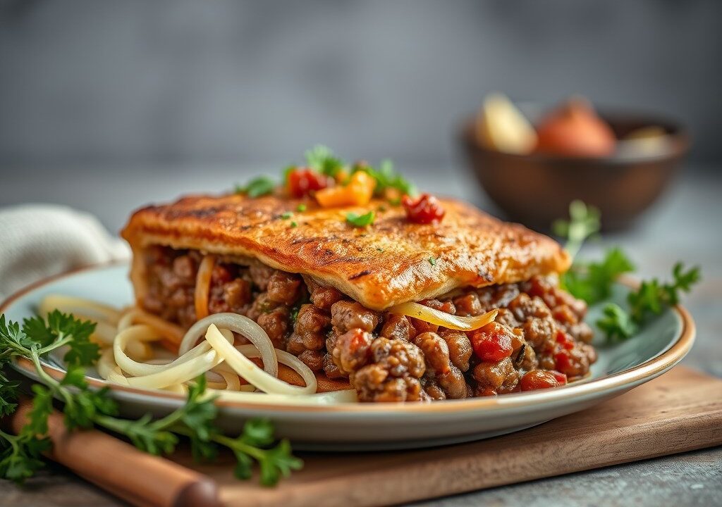 Pikante zuurkool ovenschotel met gehakt, AI-gegenereerde illustratie