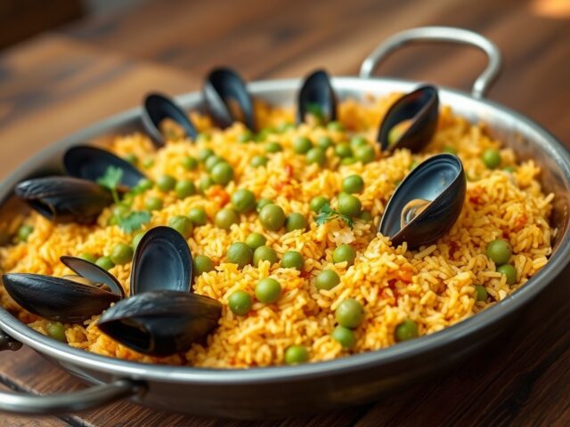 Pilav met mosselen op paella wijze