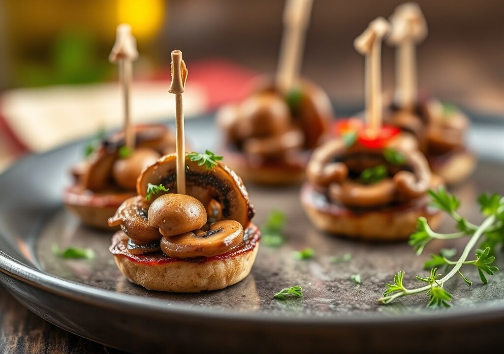 Pinchos van Vlaskaas en champignons — AI-gegenereerde illustratie
