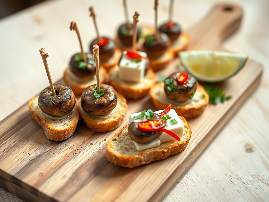 Pinchos van Vlaskaas en champignons, AI-gegenereerde illustratie