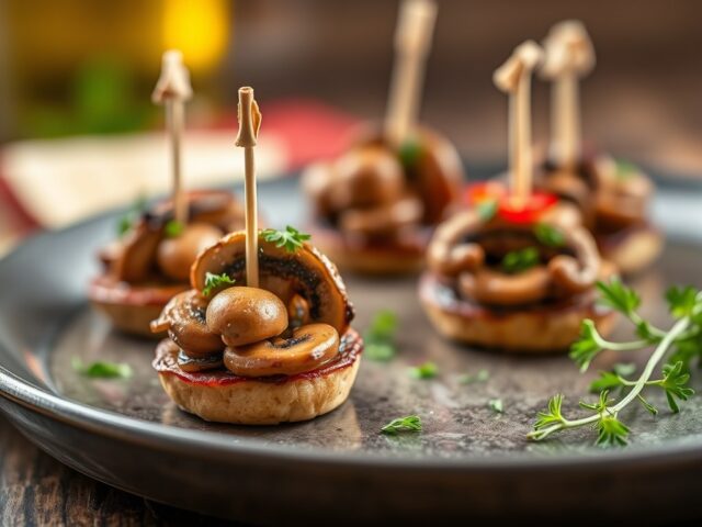 Pinchos van Vlaskaas en champignons — AI-gegenereerde illustratie