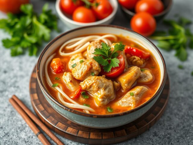 Pinda-tomatensoep met kip