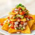Piramide van nachochips met makreel