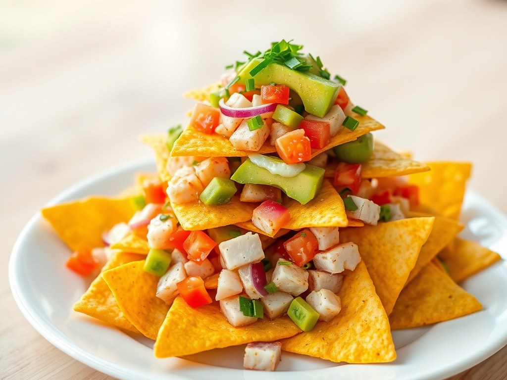 Piramide van nachochips met makreel, AI-gegenereerde illustratie