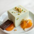 Pistachenotenparfait met sinaasappelcompote en chocolade