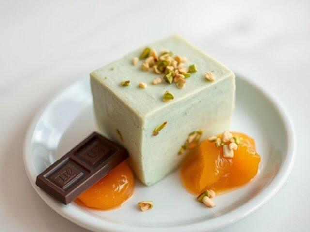 Pistachenotenparfait met sinaasappelcompote en chocolade
