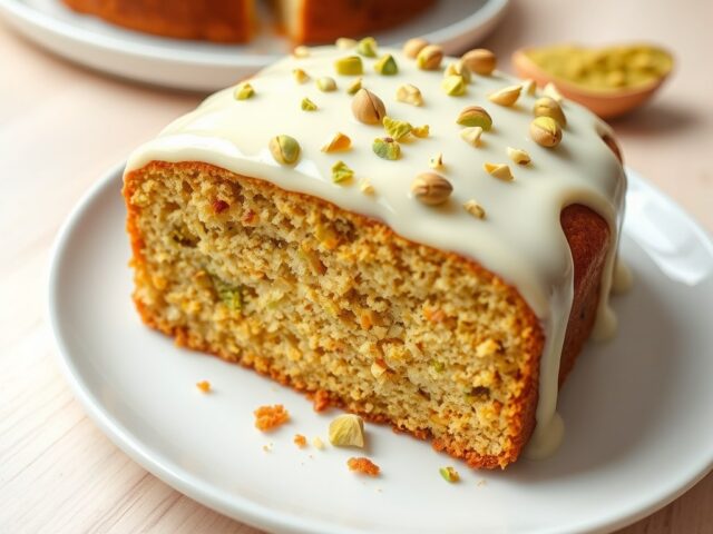 Pistachenotentaart overgoten met een witte chocola