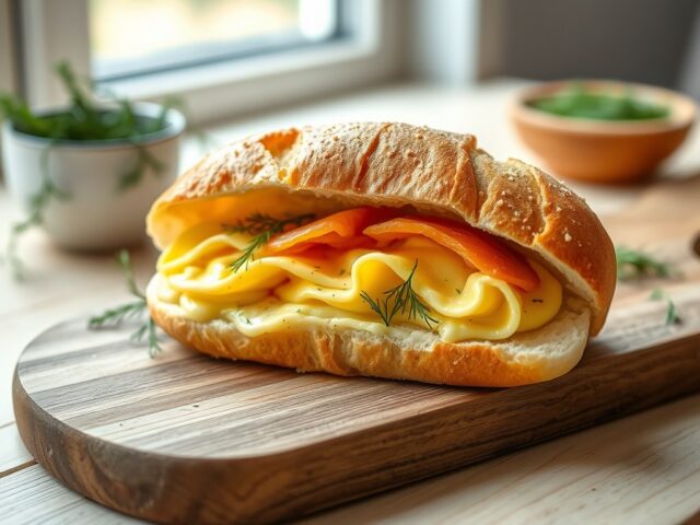 Pistolet met roerei en gerookte zalm