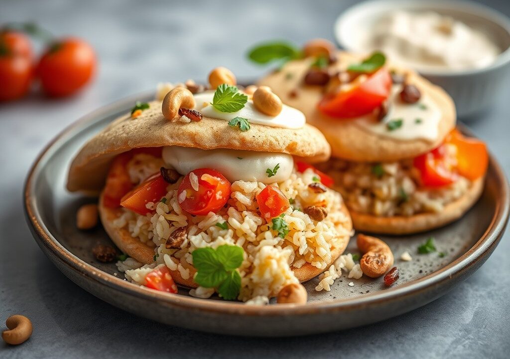 Pitabroodjes met rijstsalade en yoghurtsesamsaus, AI-gegenereerde illustratie