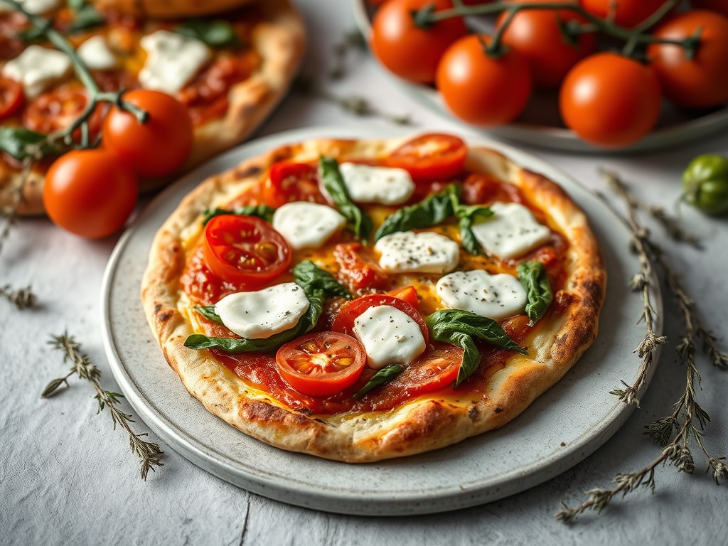Pitapizza met spinazie en geitenkaas, AI-gegenereerde illustratie