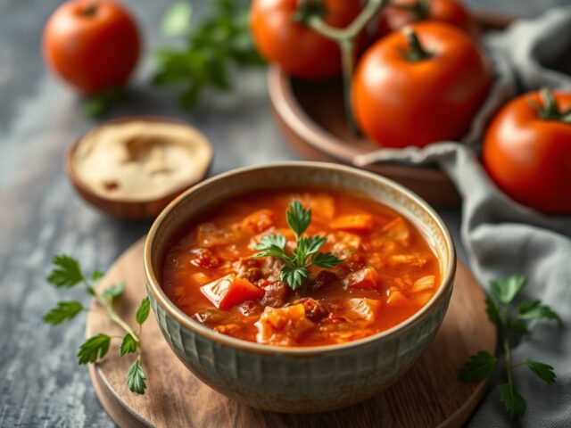 Pittig- hartige tomatensoep speciaal — AI-gegenereerde illustratie