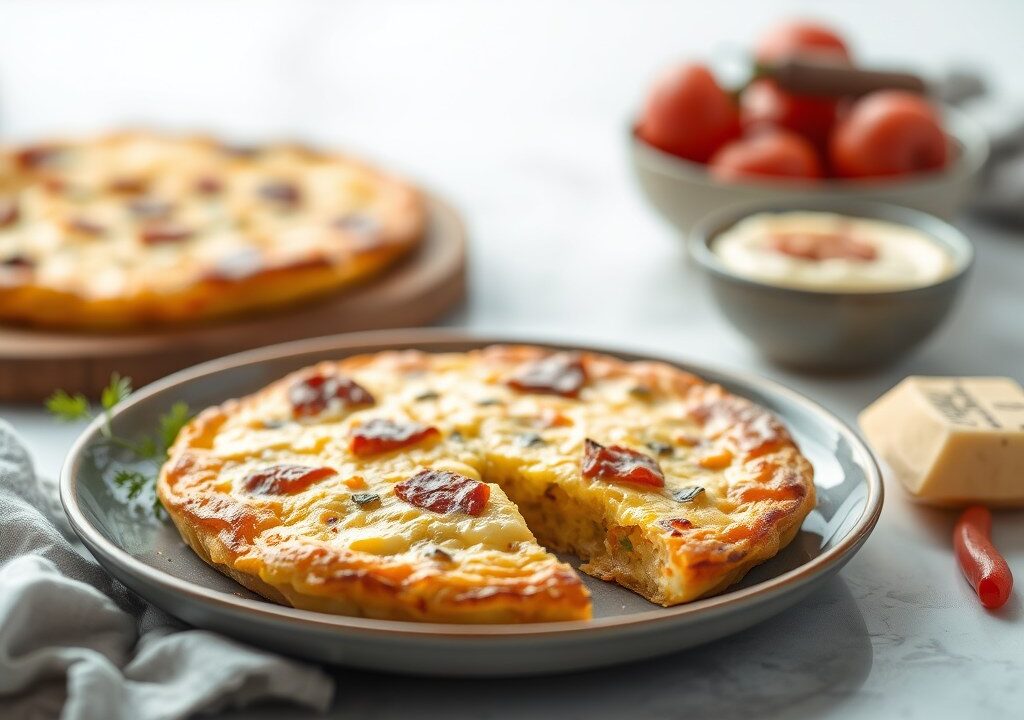 Pittige aardappeltortilla met chorizo, AI-gegenereerde illustratie