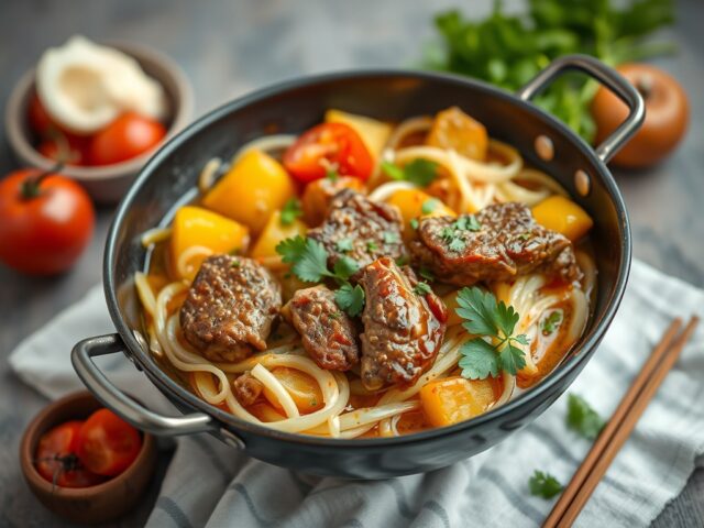 Pittige curry met biefstuk — AI-gegenereerde illustratie