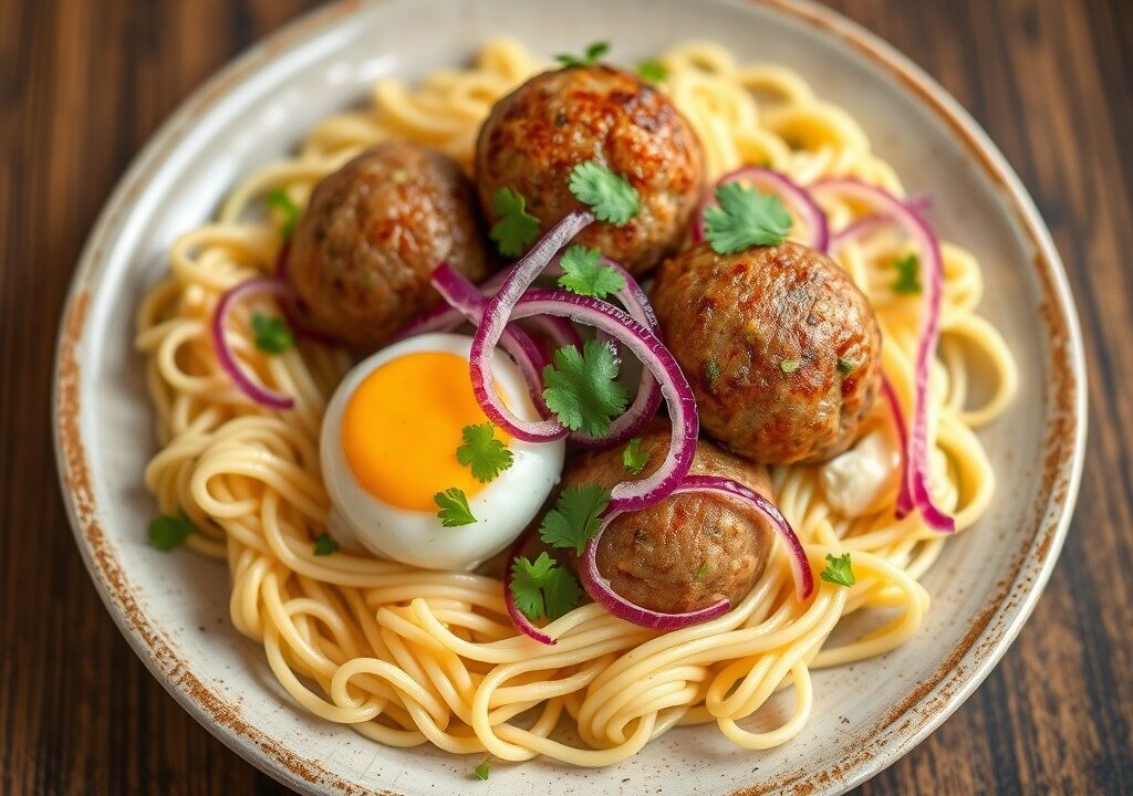 Pittige gehaktballetjes met rode uiensalade, koriander, AI-gegenereerde illustratie