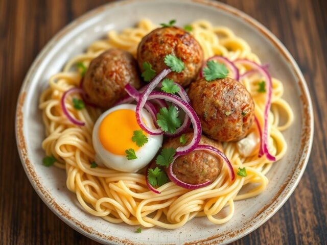 Pittige gehaktballetjes met rode uiensalade, koriander