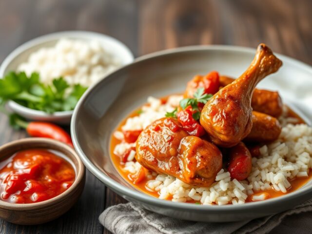 Pittige kip in chilisaus — AI-gegenereerde illustratie