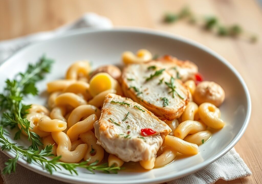 Pittige kip met sperzieboontjes en vlindermacaroni — AI-gegenereerde illustratie