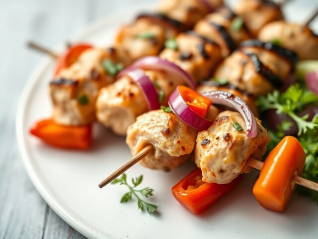 Pittige kipbrochette — AI-gegenereerde illustratie