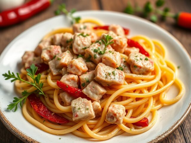 Pittige pasta met tonijn — AI-gegenereerde illustratie
