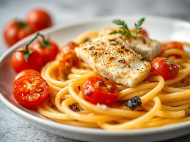 Pittige pasta met vis — AI-gegenereerde illustratie