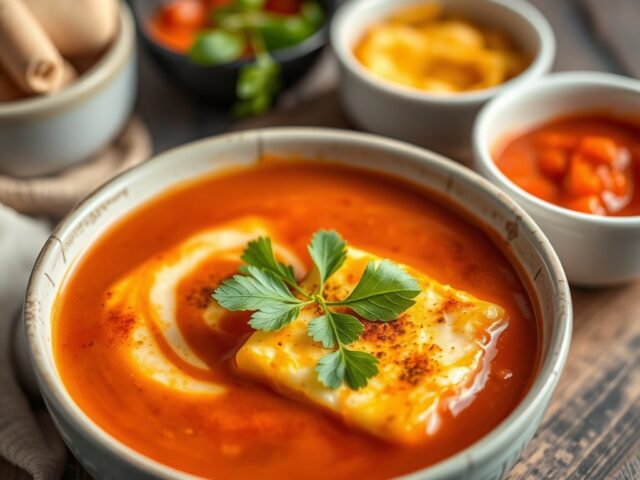 Pittige tomatensoep met omeletreepjes