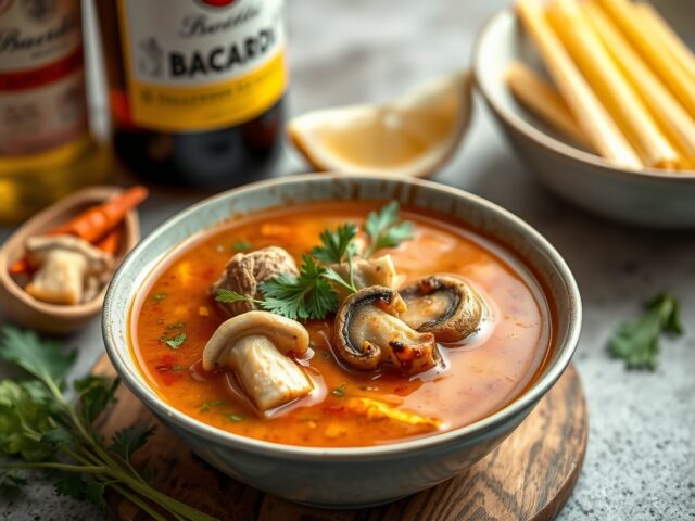 Pittige zure varkens-paddestoelensoep met Bacardi