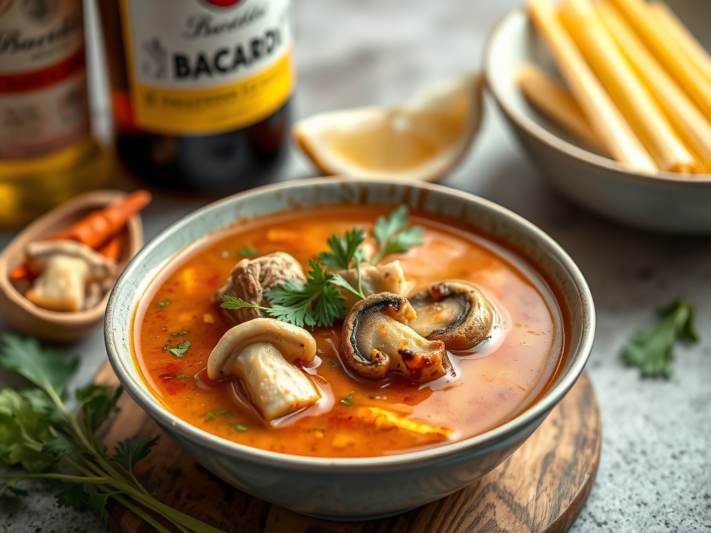 Pittige zure varkens-paddestoelensoep met Bacardi, AI-gegenereerde illustratie