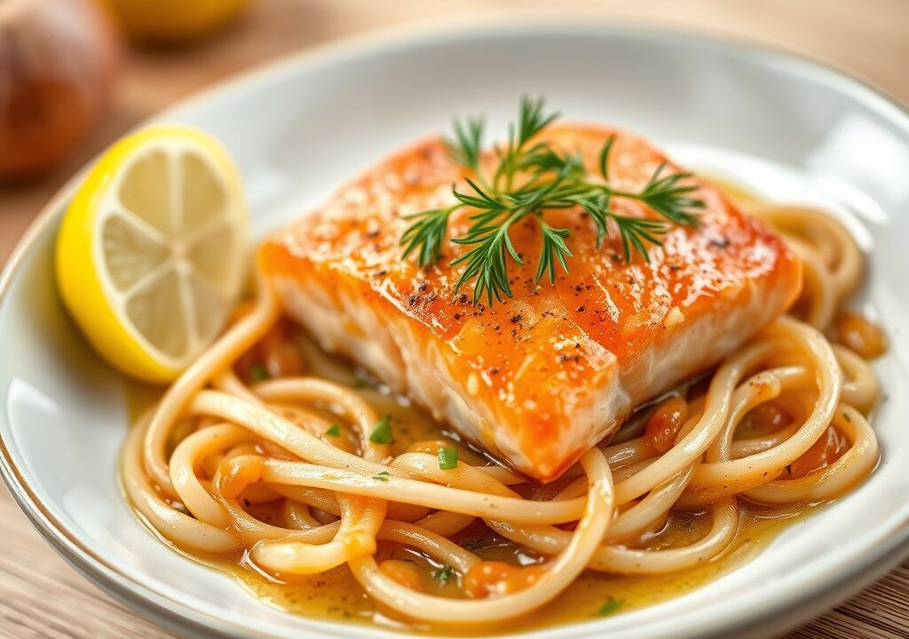 Pittige zuurkool met zalm, AI-gegenereerde illustratie