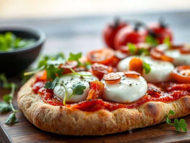Pizza broodje met rucola, mozzarella en bacon — AI-gegenereerde illustratie