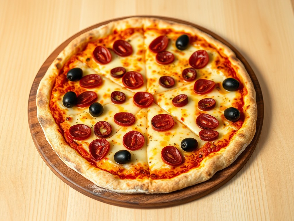 Pizza met chorizo en olijven, AI-gegenereerde illustratie