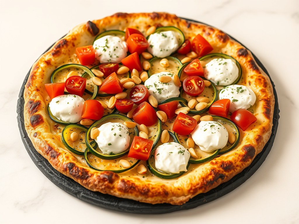 Pizza met courgette en pijnboompitten, AI-gegenereerde illustratie
