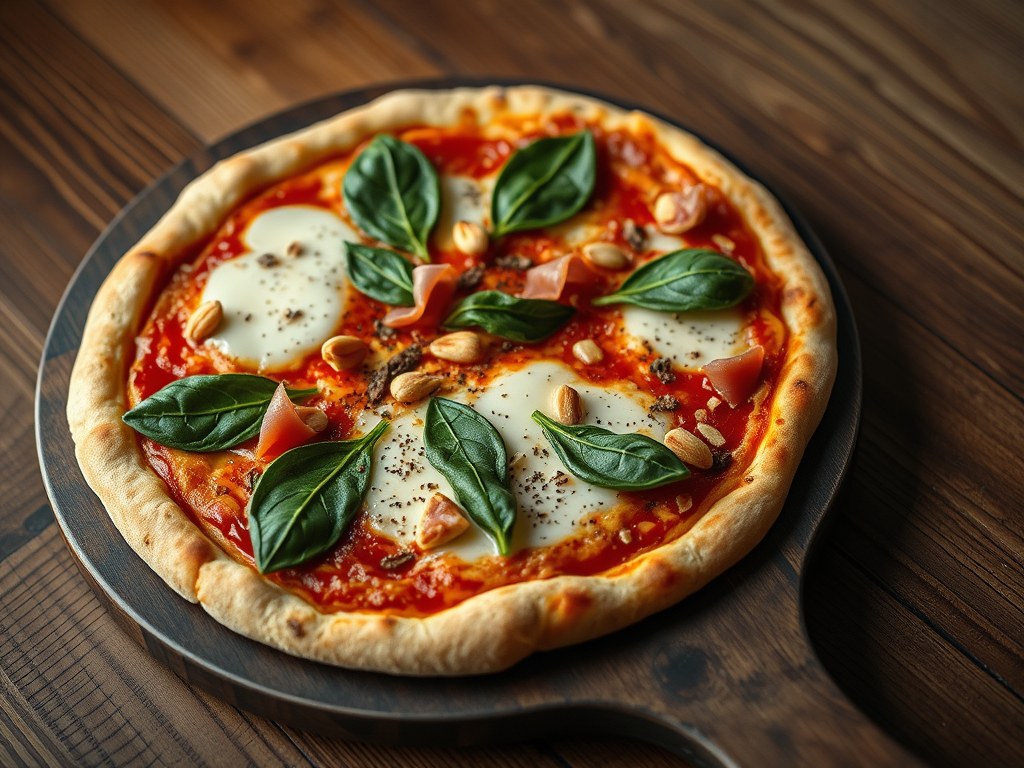 Pizza met ham en spinazie, AI-gegenereerde illustratie