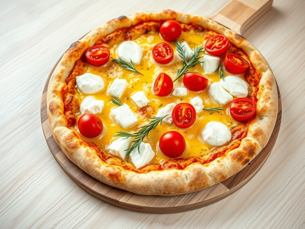 Pizza met kaas en kerstomaatjes, AI-gegenereerde illustratie