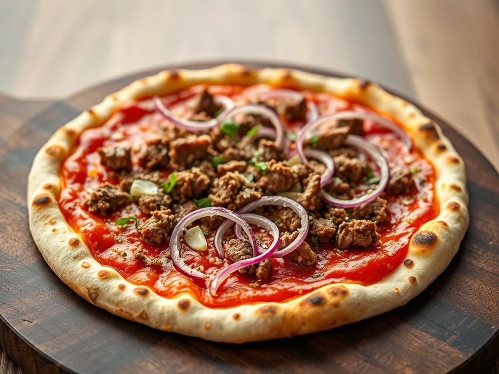 Pizza met lamsgehakt, AI-gegenereerde illustratie