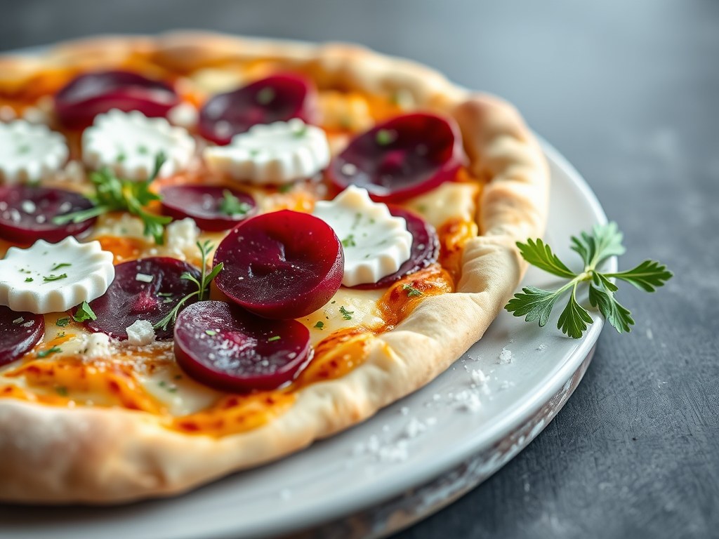 Pizza met snijbiet en geitenkaas, AI-gegenereerde illustratie