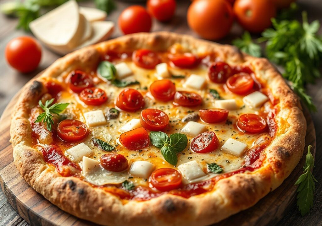 Pizza met waterkers en stiltonkaas, AI-gegenereerde illustratie