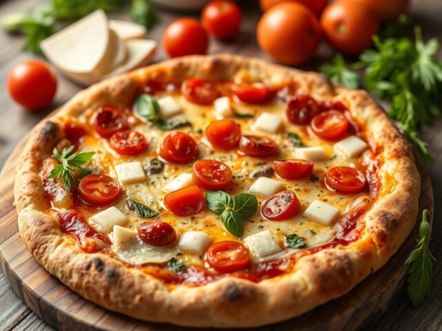 Pizza met waterkers en stiltonkaas — AI-gegenereerde illustratie