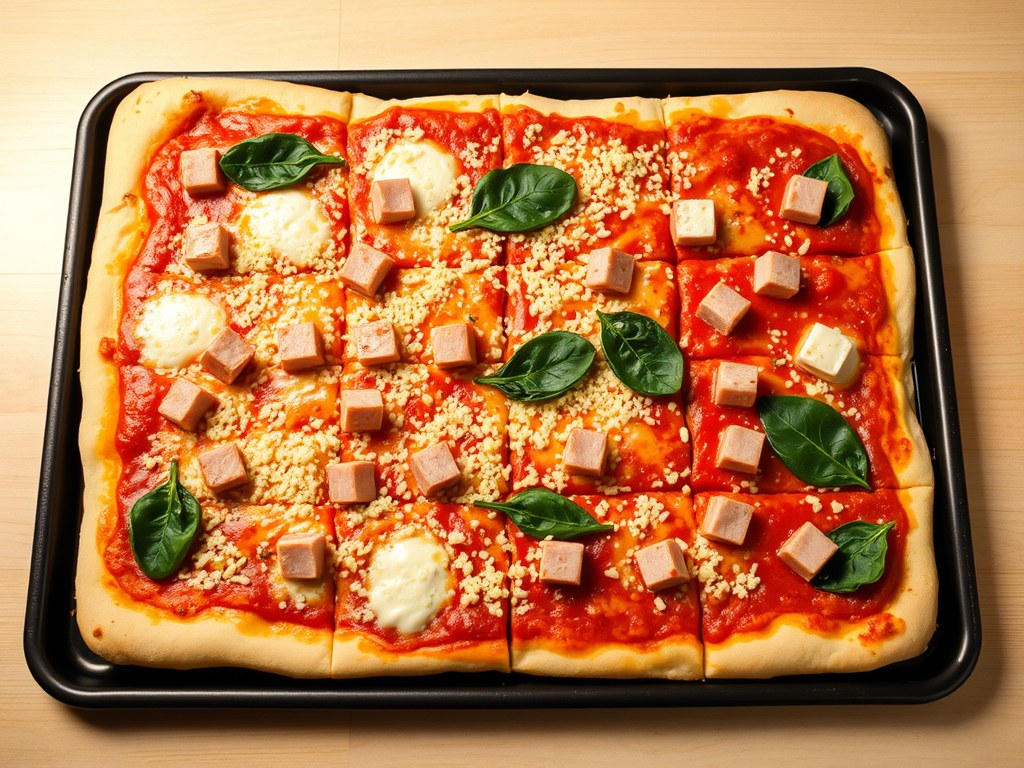 Plaatpizza met spinazie en ham, AI-gegenereerde illustratie