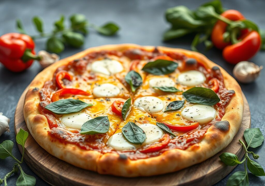 Plaatpizza met spinazie en twee soorten kaas, AI-gegenereerde illustratie