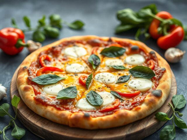 Plaatpizza met spinazie en twee soorten kaas — AI-gegenereerde illustratie