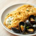 Pladijs met een knapperig korstje en zeevruchten