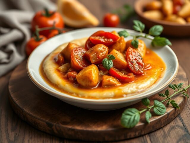 Pladijs met erwtjessaus en tomatenfondue — AI-gegenereerde illustratie