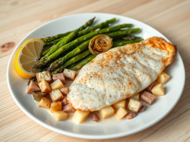 Pladijs met gewokte asperges en gegrilde artisjok