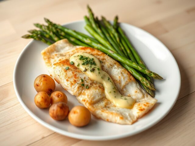 Pladijs met groene asperges en kruidenboter