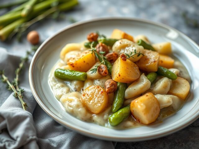 Pladijs met groene asperges en kruidenboter — AI-gegenereerde illustratie
