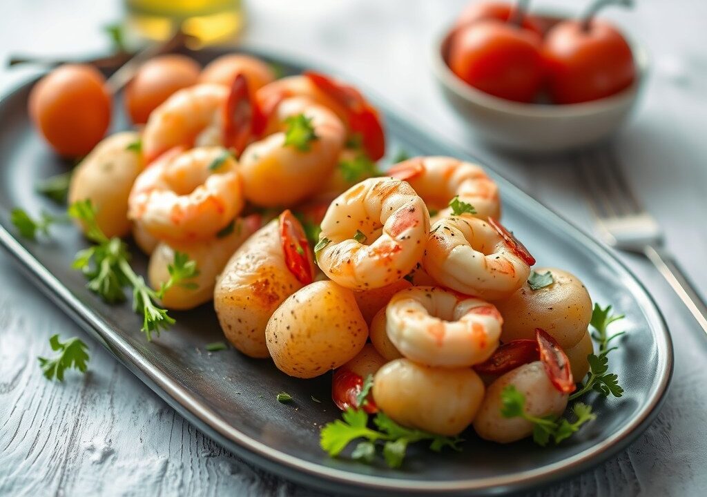 Plakje Rosevalaardappel met scampi en kaviaar, AI-gegenereerde illustratie