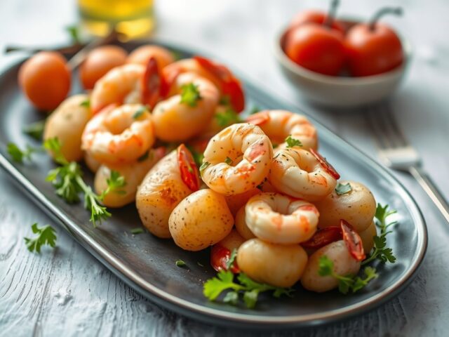 Plakje Rosevalaardappel met scampi en kaviaar — AI-gegenereerde illustratie