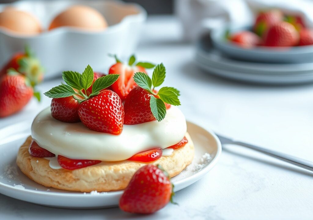 Plattekaastaart met aardbeien, AI-gegenereerde illustratie