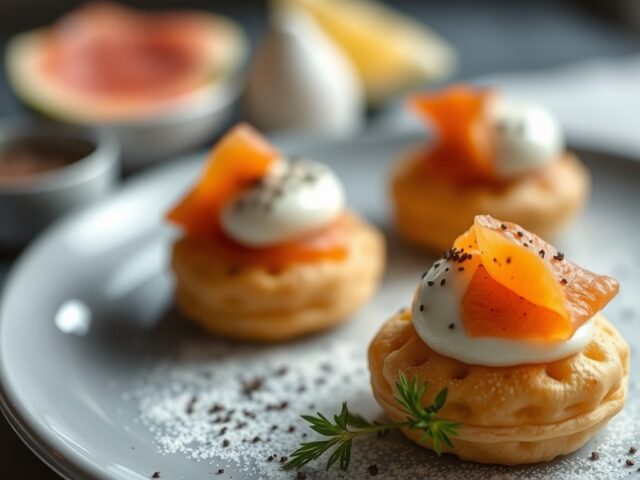 Poffertjes met zalmtartaar en witte asperges (zie opm) — AI-gegenereerde illustratie