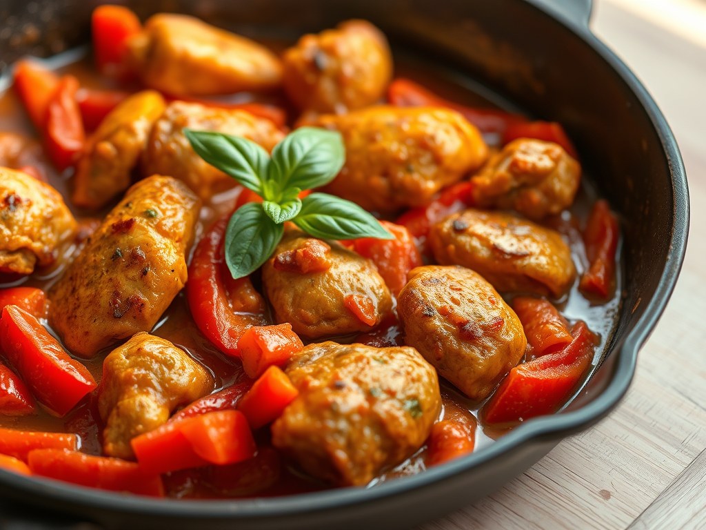 Pollo con peperoni (kip met paprika), AI-gegenereerde illustratie